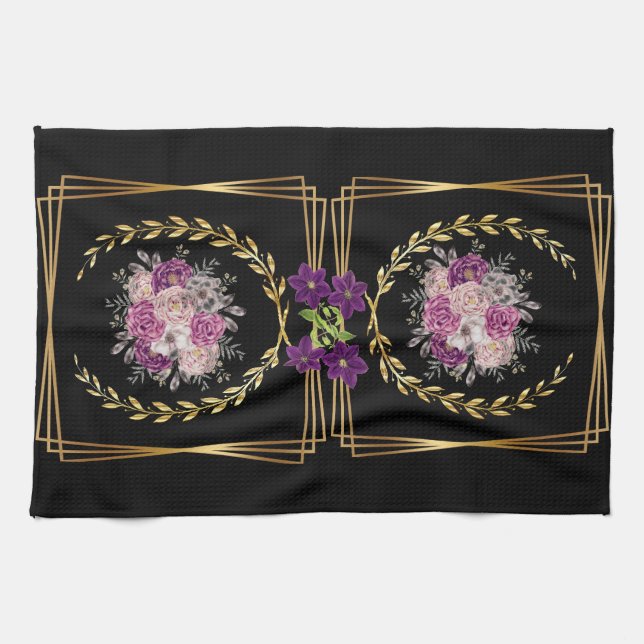 Modern Black Gold Purple Floral Trendy Boho Towel (Horizontal)