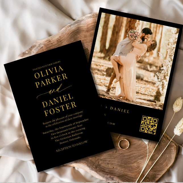 Modern Black Gold QR Code Photo Elegant Wedding Invitation (Creator Uploaded)