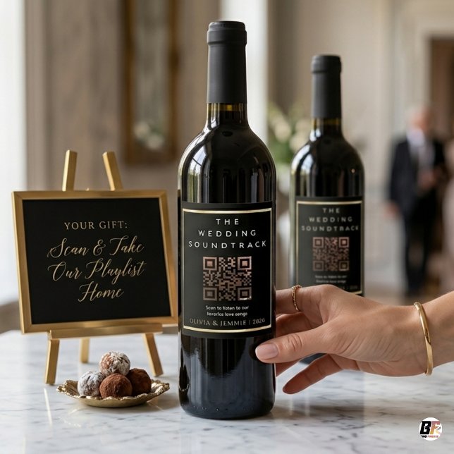 Modern Black & Gold QR Code Wedding Playlist Wine Label (Creator Uploaded)