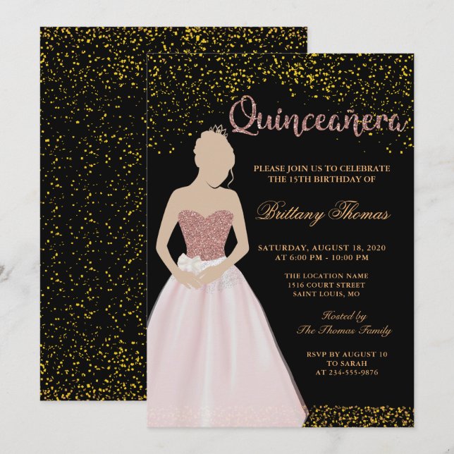 Modern Black & Gold Quinceanera 15th Birthday Invitation (Front/Back)