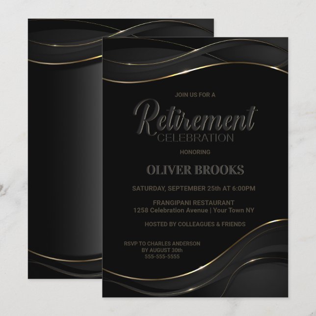 Modern Black Gold Retirement Celebration Invitation (Front/Back)