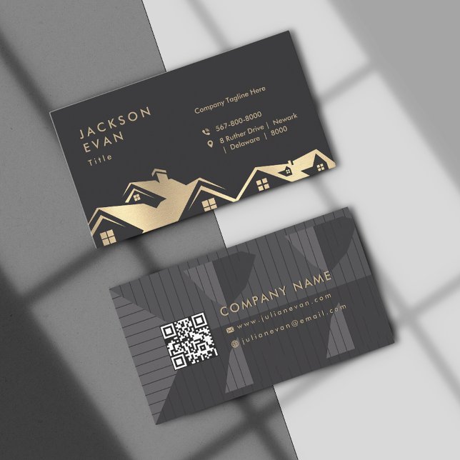 Modern Black & Gold Roofing Construction Repair Business Card (Modern Black & Gold Roofing Construction Repair Business Card)