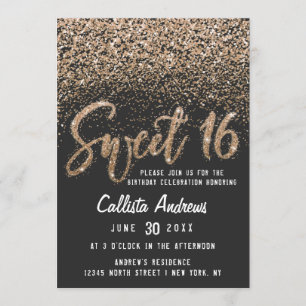 Modern Black Gold Scattered Glitter Ombre Sweet 16 Invitation