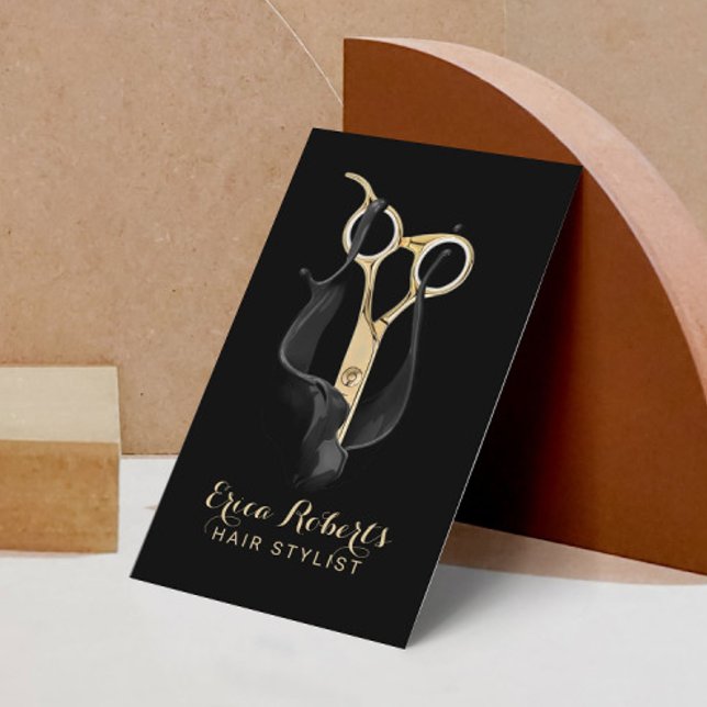 Modern Black & Gold Scissor Hair Stylist Business Card (Creator Uploaded)