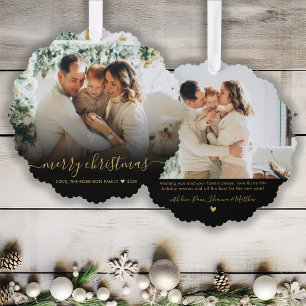 Modern Black Gold Script 2 Photo Christmas Tree Decoration Card