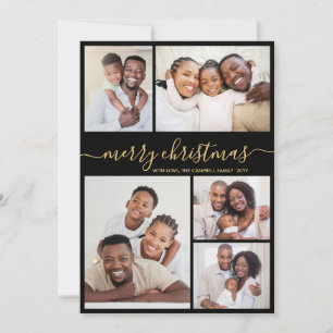 Modern Black Gold Script 5 Photo Collage Christmas Holiday Card