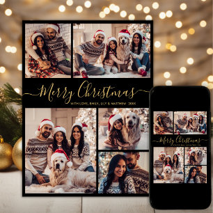 Modern Black Gold Script 5 Photo Collage Christmas Holiday Card