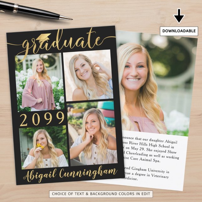 Modern Black Gold Script 5 Photo Graduate Announcement (Creator Uploaded)