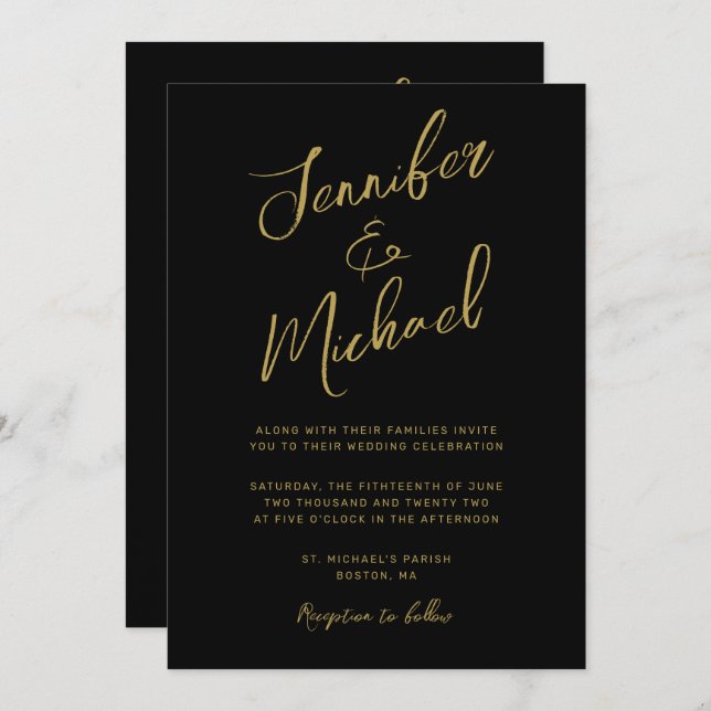 Modern Black Gold Script  All In One Wedding Invitation (Front/Back)