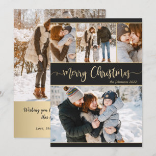 Modern Black Gold Script Merry Christmas 5 Photo Holiday Card