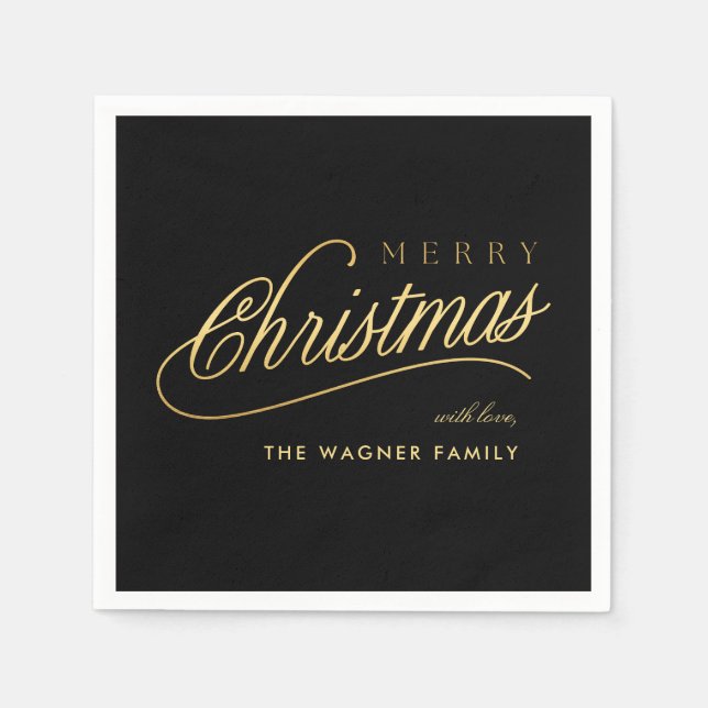 Modern Black & Gold Script Merry Christmas Napkin (Front)