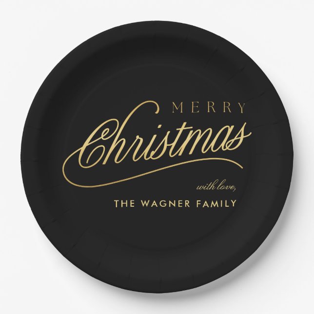 Modern Black & Gold Script Merry Christmas Paper Plate (Front)