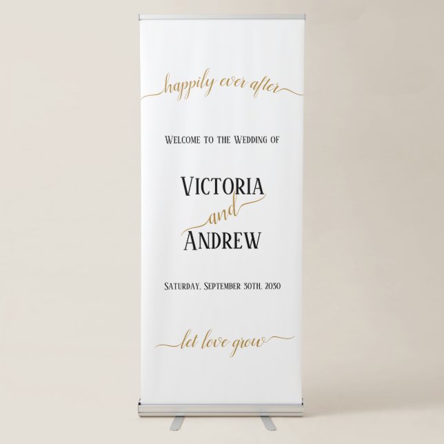 Modern Black Gold Script Minimal Wedding Retractable Banner (Front)