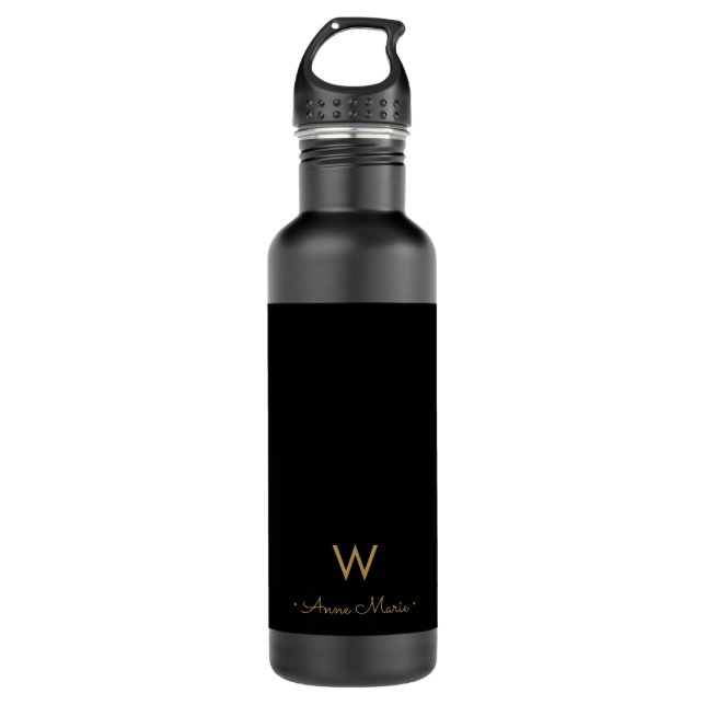 Modern Black Gold Script Monogram 710 Ml Water Bottle (Front)