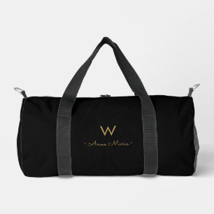 Modern Black Gold Script Monogram Duffle Bag