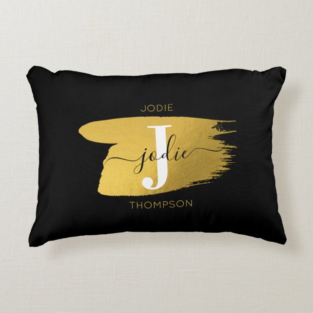 Modern Black & Gold Script Monogram Initial Decorative Cushion (Front)
