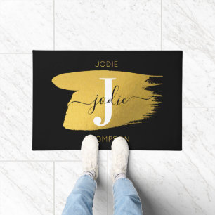 Modern Black & Gold Script Monogram Initial Doormat