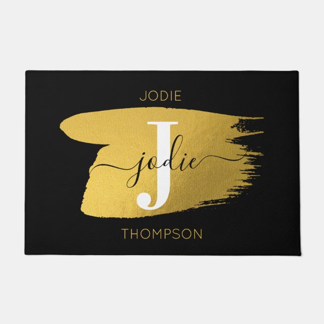 Modern Black & Gold Script Monogram Initial Doormat (Front)
