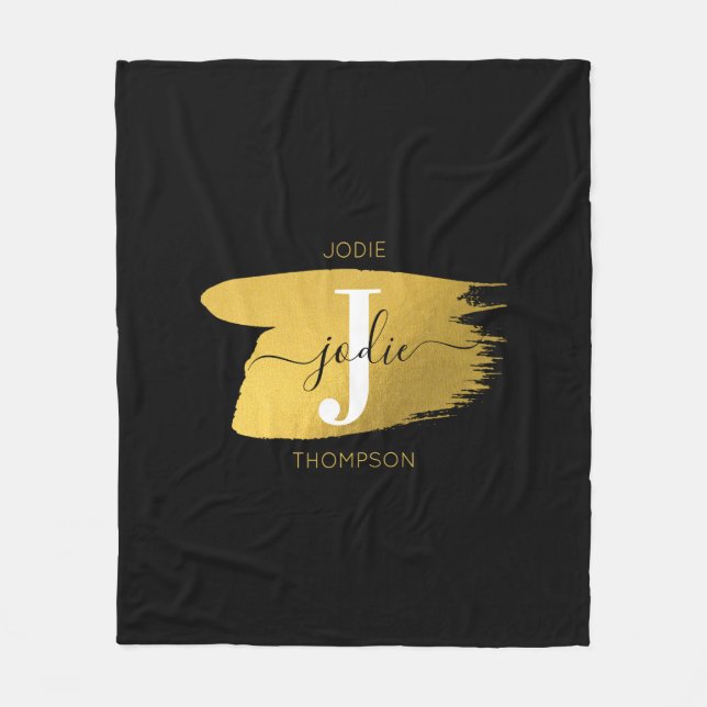 Modern Black & Gold Script Monogram Initial Fleece Blanket (Front)