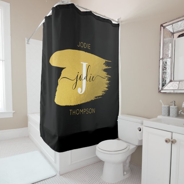 Modern Black & Gold Script Monogram Initial Shower Curtain (In Situ)