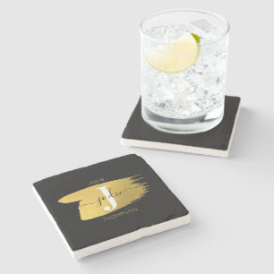 Modern Black & Gold Script Monogram Initial Stone Coaster