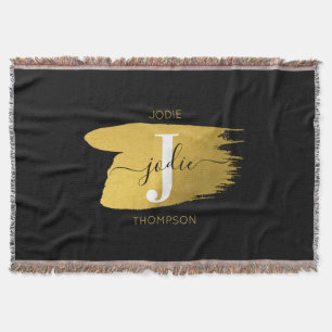 Modern Black & Gold Script Monogram Initial Throw Blanket