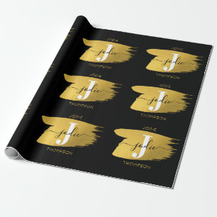 Modern Black & Gold Script Monogram Initial Wrapping Paper