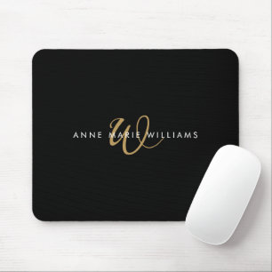 Modern Black Gold Script Monogram Mouse Mat
