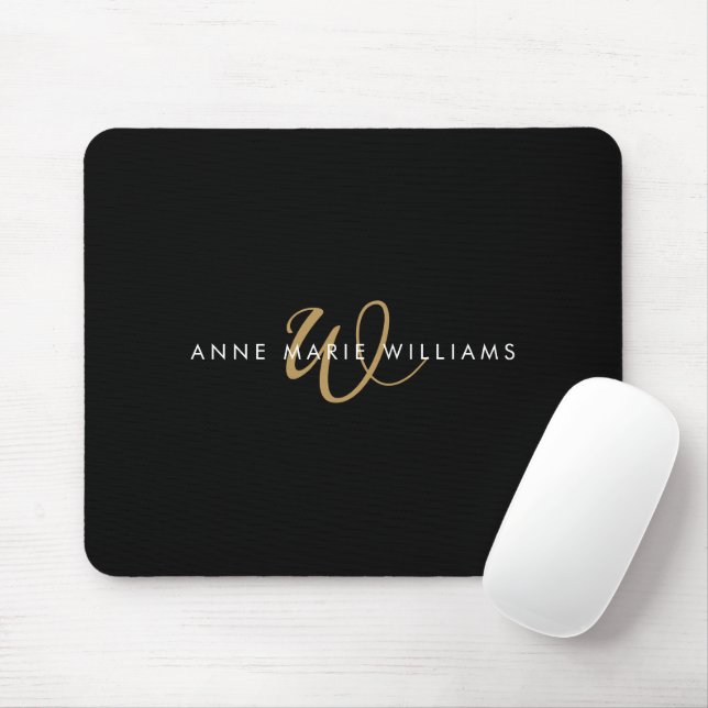 Modern Black Gold Script Monogram Mouse Mat (With Mouse)