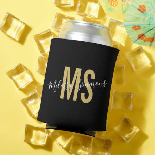 Modern black gold script monogram name can cooler