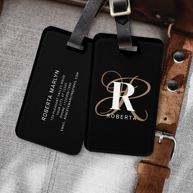Modern Black Gold Script Monogram Name Luggage Tag (Creator Uploaded)