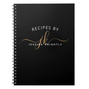 Modern Black Gold Script Monogram Name Stylish Notebook