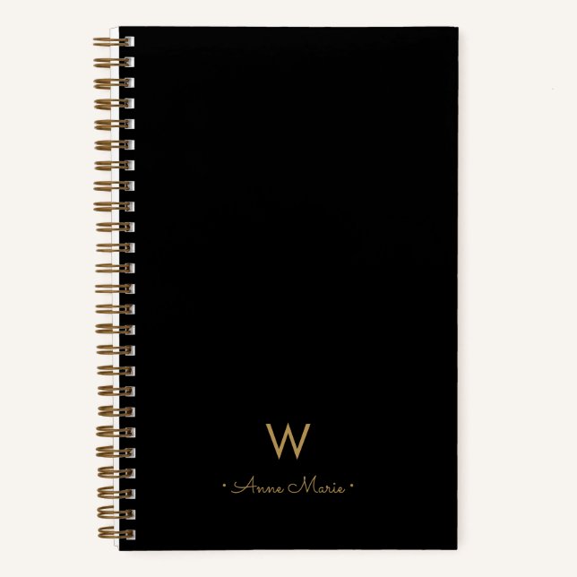 Modern Black Gold Script Monogram Notebook (Front)