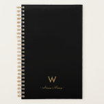 Modern Black Gold Script Monogram Planner<br><div class="desc">A modern,  elegant monogram design with gold handwritten minimalist script typography and sans serif block typography on an elegant black background. The monogram and name can be easily personalised.</div>