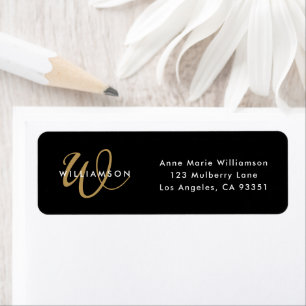Modern Black Gold Script Monogram Return Address
