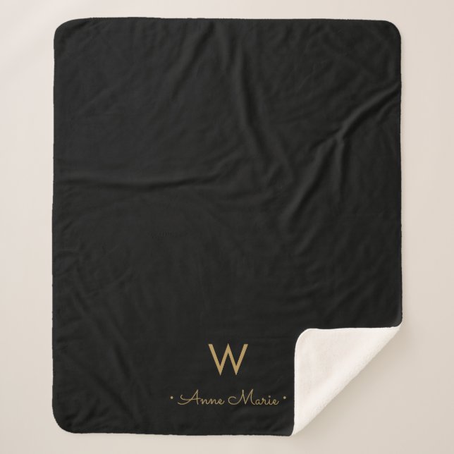 Modern Black Gold Script Monogram Sherpa Blanket (Front)