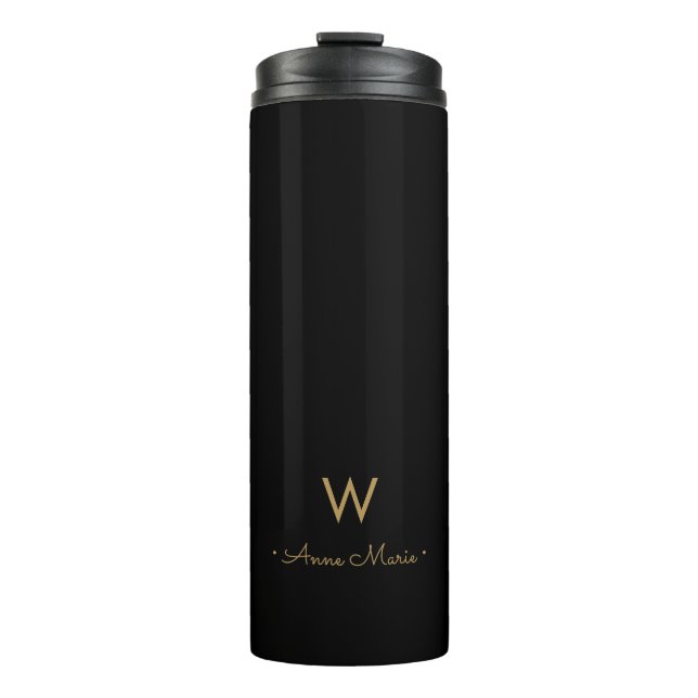 Modern Black Gold Script Monogram Thermal Tumbler (Front)
