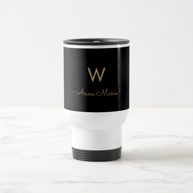 Modern Black Gold Script Monogram Travel Mug (Center)
