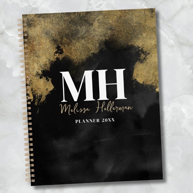 Modern Black Gold Script Name Monogram Planner (Modern Black Gold Girly Script Name Monogram Planner)