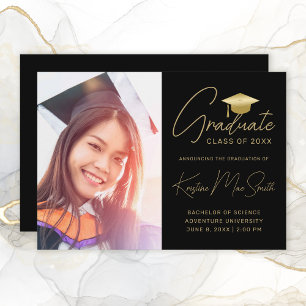 Modern Black Gold Script Photo College Graduation Announcement