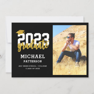 Modern Black Gold Script Photo Graduation Party Invitation