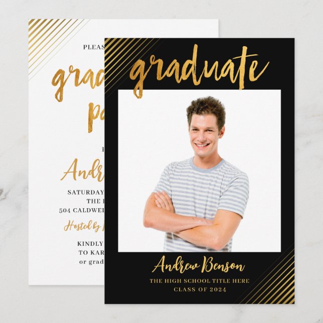 Modern Black & Gold Script Photo Graduation Party Invitation (Front/Back)