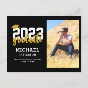Modern Black Gold Script Photo Graduation Party Invitation Postcard