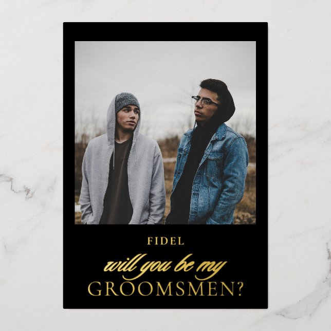 Modern Black Gold Script Photo Groomsmen Proposal  (Front)