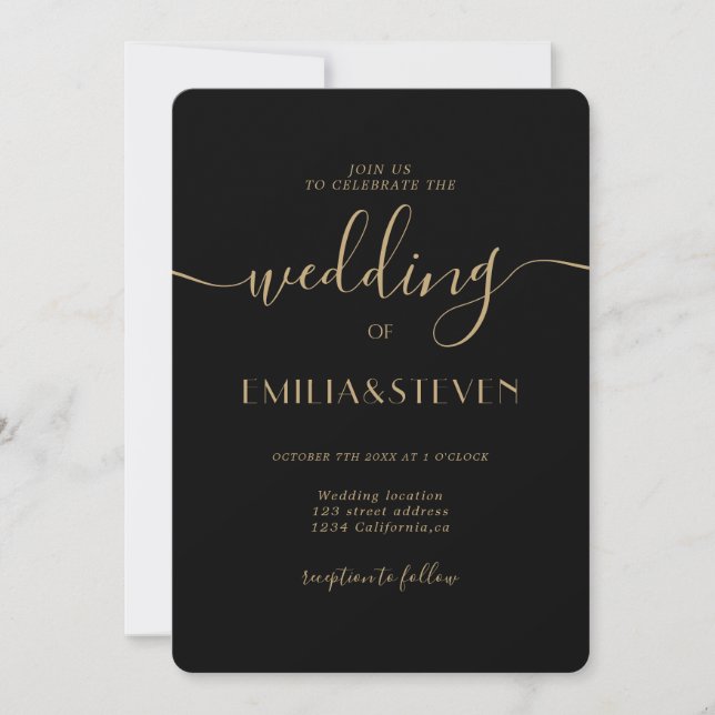 Modern Black Gold Script Photo Initials Wedding Invitation (Front)