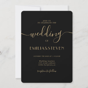Modern black Gold script photo initials wedding Invitation