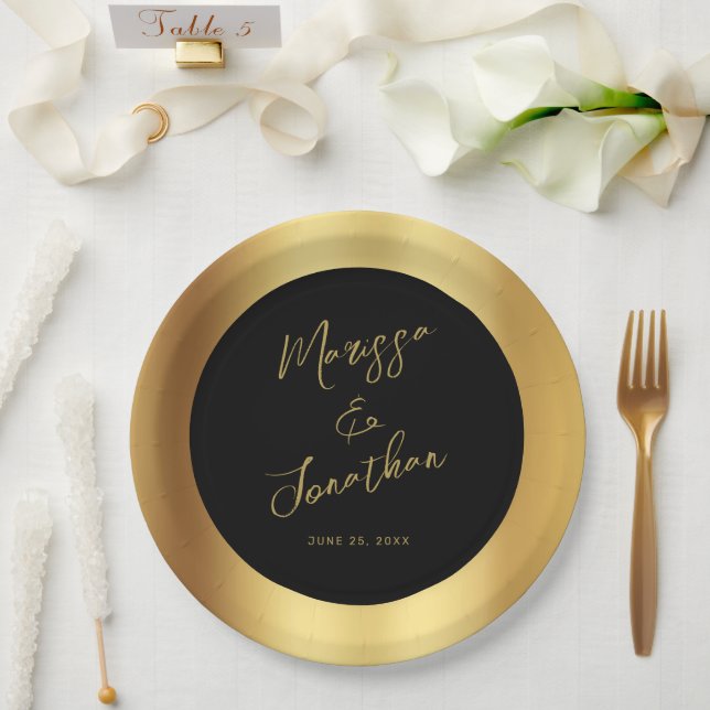 Modern Black Gold Script Shiny Wedding Paper Plate (Wedding)