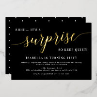 Modern Black & Gold Script Surprise Birthday Party