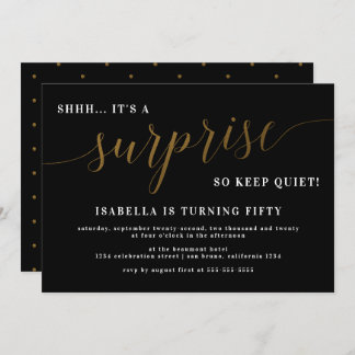 Modern Black & Gold Script Surprise Birthday Party Invitation