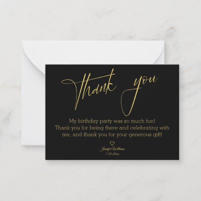 modern black gold script thank you birthday card (Front)